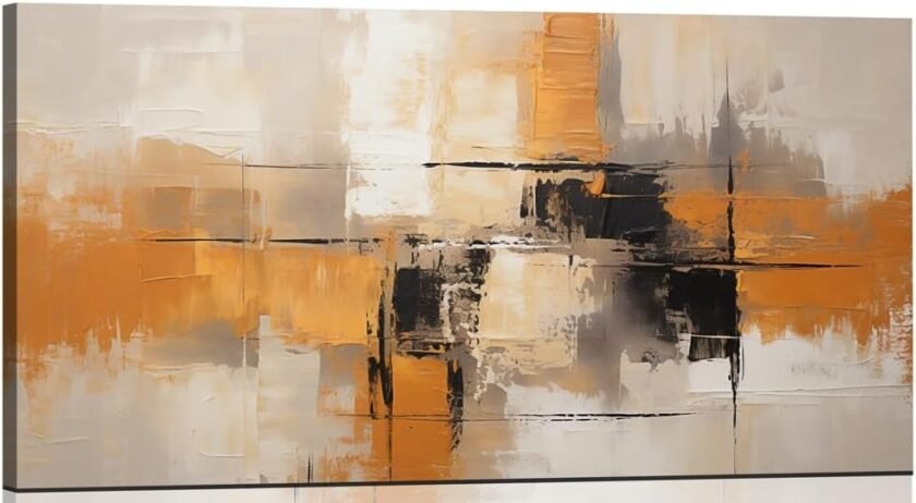 Modern Abstract Canvas Wall Art - Premium Textured Orange, Grey, Black Artwork for Home and Office Decor Wall Painting Contemporary Geometric Print Pictures Home Decoration Ideas