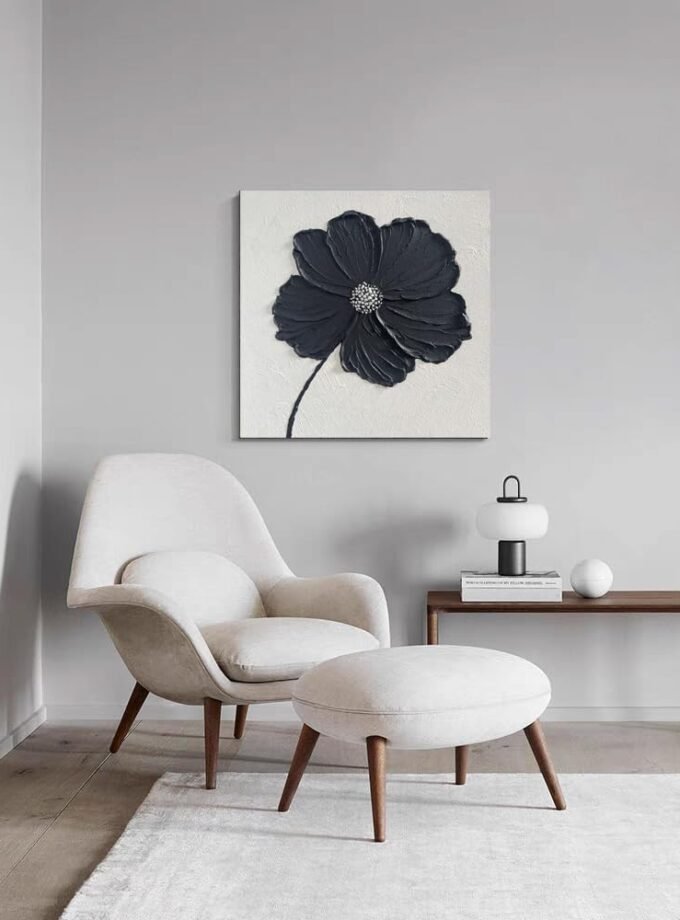 Thick Texture Flowers Abstract Oil Painting 100% Hand-Painted Black and White Wall Art Minimalist modern Abstract Art Paintings Home Living room Room Dining Room Bedroom Wall Decorative Art Oil Painting 24x24inch