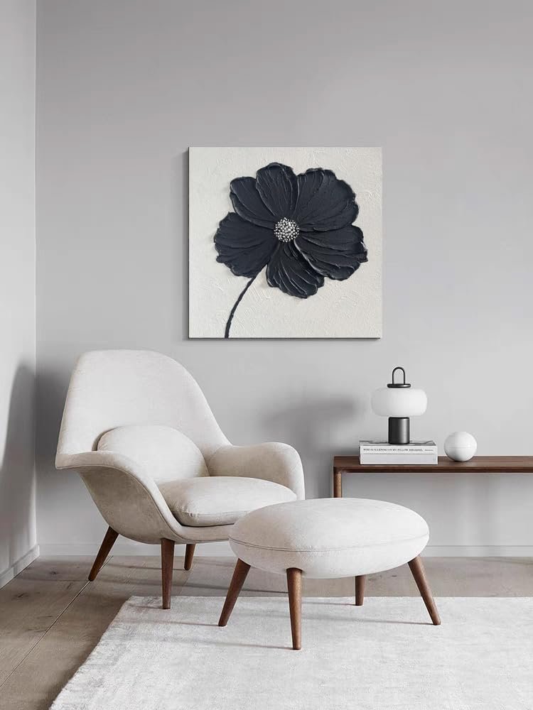 Thick Texture Flowers Abstract Oil Painting 100% Hand-Painted Black and White Wall Art Minimalist modern Abstract Art Paintings Home Living room Room Dining Room Bedroom Wall Decorative Art Oil Painting 24x24inch - Image 2