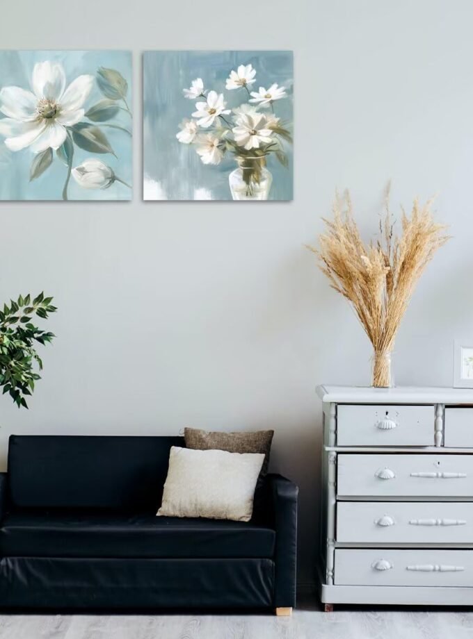 White Flower Wall Art Floral in Vase Canvas Wall Decor Nature Plant Abstract Picture Print Wall Art Posters Decorative Artwork for Living Room Bedroom (12" x 12" x2)