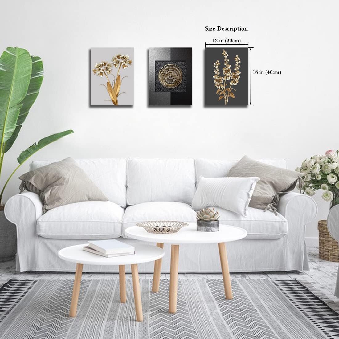 Gold Black and White Abstract Wall Art Gold Leaf White Flower Grey Black Boho Geometry Pictures Canvas Prints for Bedroom Bathroom Office Poster 12"x16"x3 Pcs - Image 2