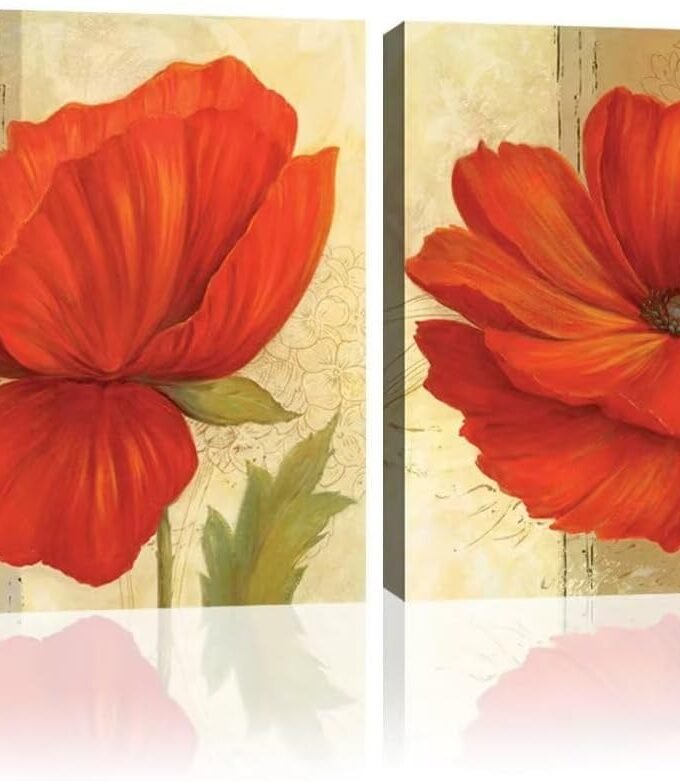 Red Flower Wall Art Vintage Floral Posters Wall Decor Canvas Oil Paintings Style Abstract Picture Print Wall Art Posters Decorative Artwork for Bathroom Bedroom Living Room Unframed (12" x 12" x 2)