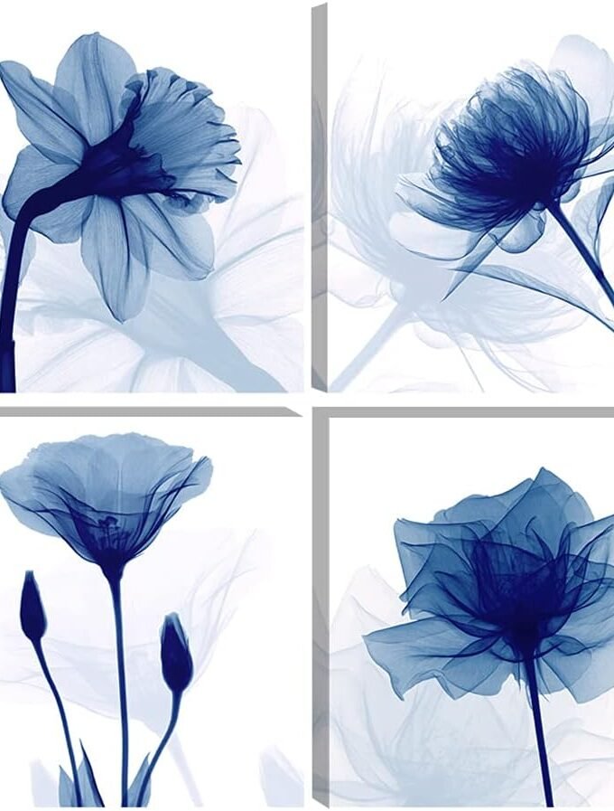Large Blue Flickering Flower Modern Abstract Paintings Canvas Wall Art Gallery Wrapped Grace Floral Pictures on Canvas Prints 4 Panels Artwork for Living Room Bedroom Office Home Decorations