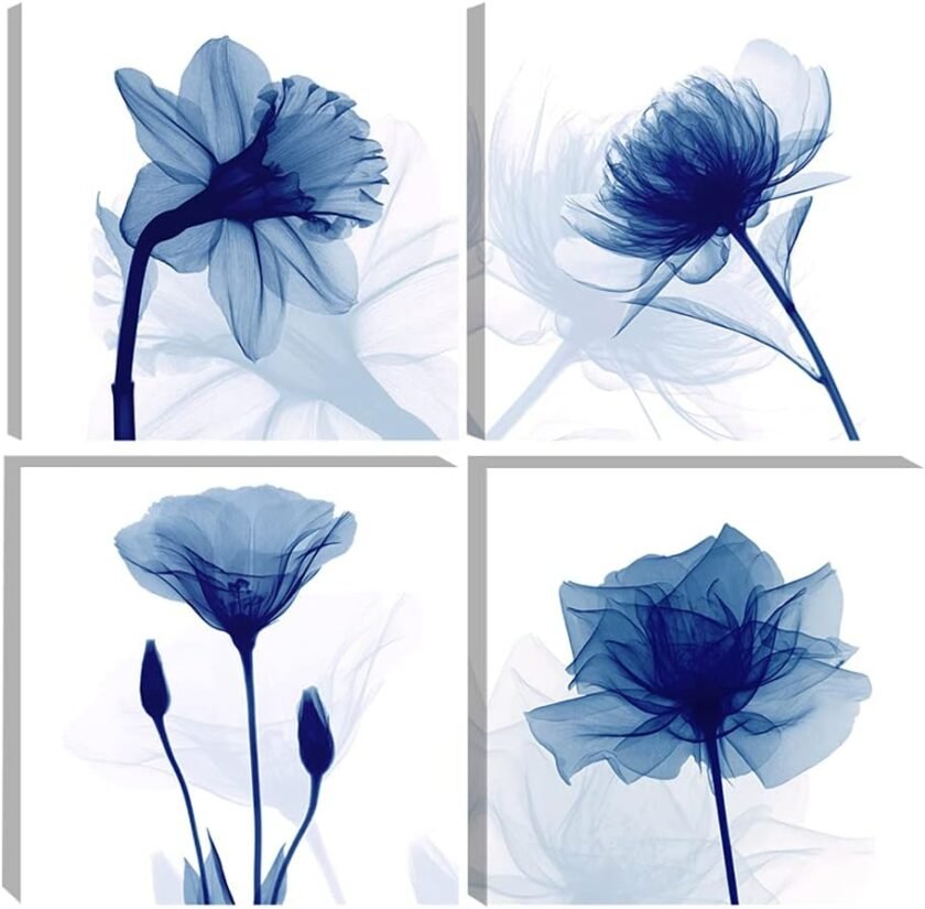 Large Blue Flickering Flower Modern Abstract Paintings Canvas Wall Art Gallery Wrapped Grace Floral Pictures on Canvas Prints 4 Panels Artwork for Living Room Bedroom Office Home Decorations