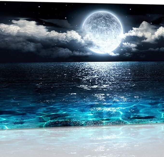 Wall Art Moon Sea Ocean Landscape Picture Canvas Wall Art Print Paintings Modern Artwork for Living Room Wall Decor and Home Décor Framed Ready to Hang,1inch Thick Frame, Waterproof Artwork.