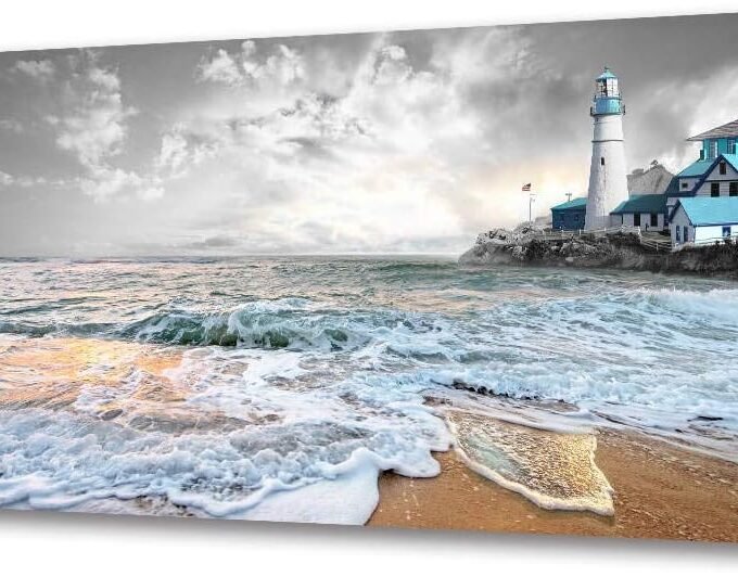 Canvas Wall Art for Bathroom - Black and White Wall Art Seascape Canvas Painting Nature Beach Pictures Prints Posters Blue Lighthouse Ocean Artwork for Bedroom Living Room Office Decor(20x40inx1)
