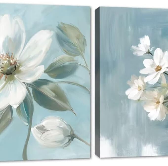 White Flower Wall Art Floral in Vase Canvas Wall Decor Nature Plant Abstract Picture Print Wall Art Posters Decorative Artwork for Living Room Bedroom (12" x 12" x2)