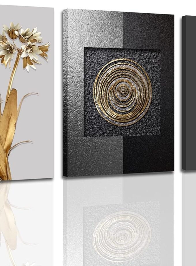 Gold Black and White Abstract Wall Art Gold Leaf White Flower Grey Black Boho Geometry Pictures Canvas Prints for Bedroom Bathroom Office Poster 12"x16"x3 Pcs
