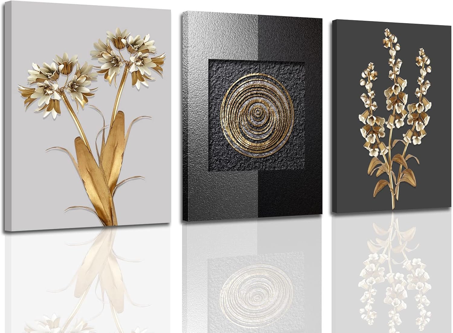 Gold Black and White Abstract Wall Art Gold Leaf White Flower Grey Black Boho Geometry Pictures Canvas Prints for Bedroom Bathroom Office Poster 12"x16"x3 Pcs