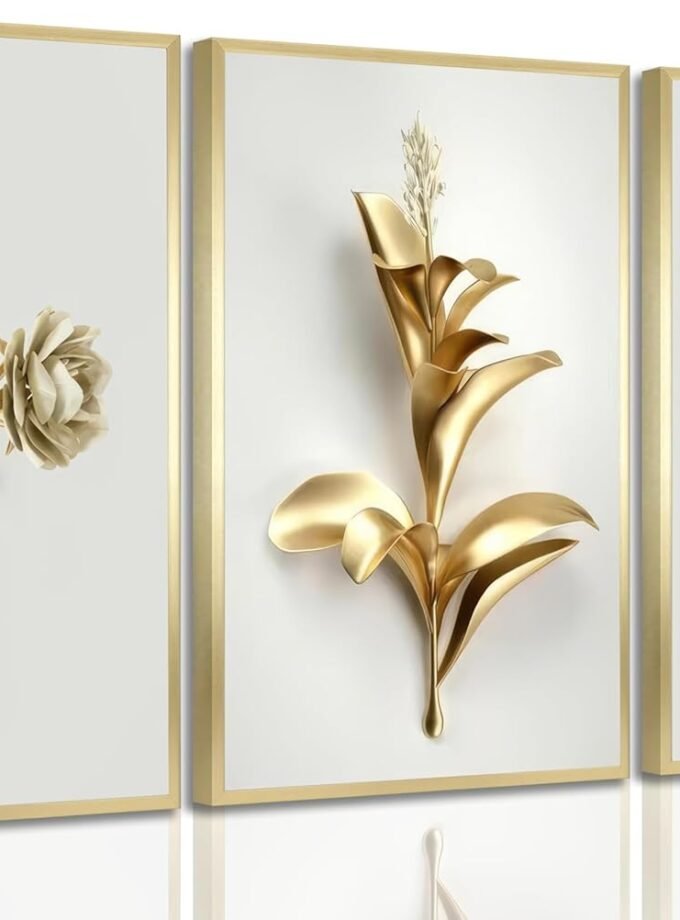 3Pcs Abstract Golden Flower Canvas Wall Art Modern Luxury Minimalism Nordic Floral Plant Painting Picture Wall Decor Poster Print Artwork for Living Room Bedroom Home Decoration Unframed