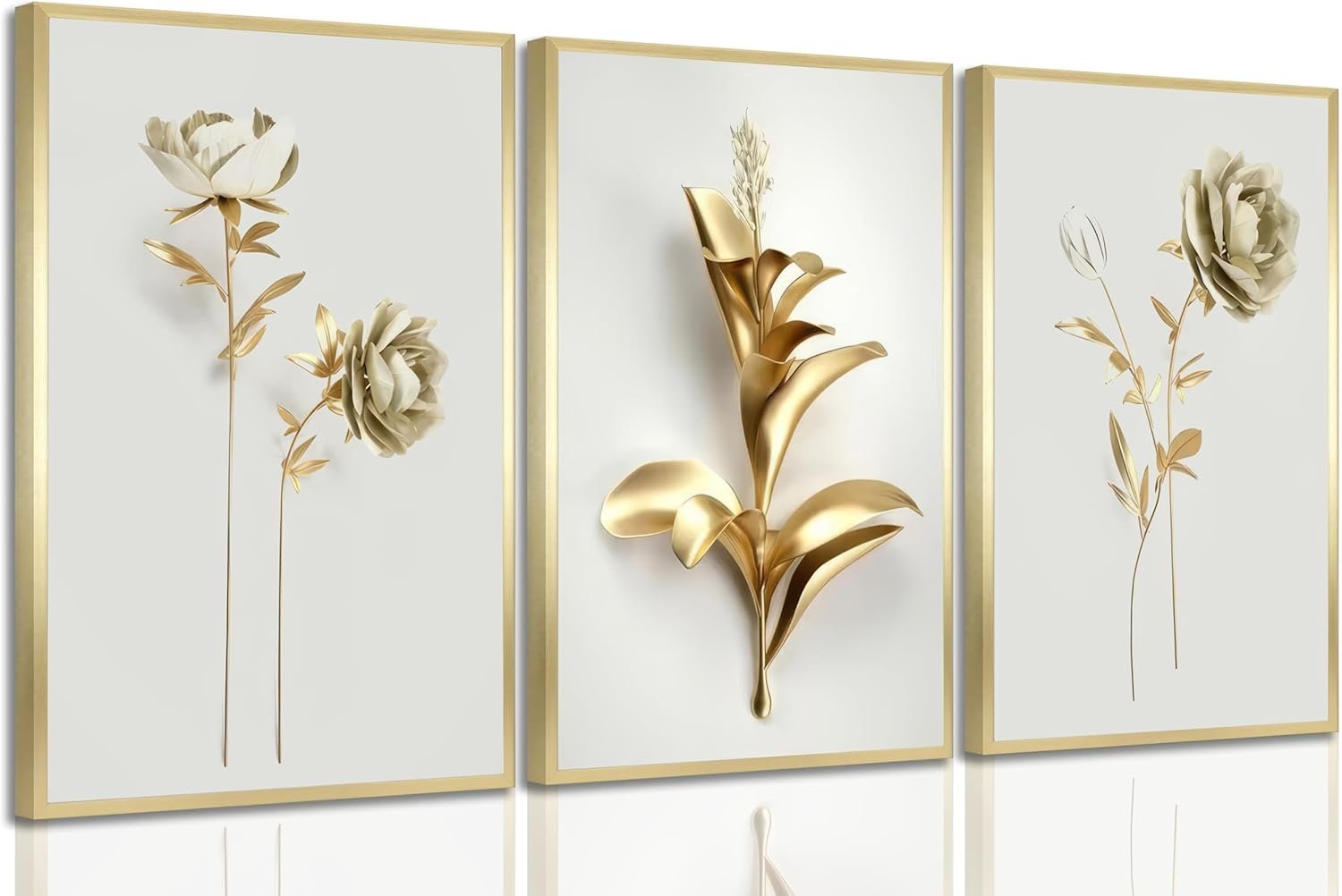 3Pcs Abstract Golden Flower Canvas Wall Art Modern Luxury Minimalism Nordic Floral Plant Painting Picture Wall Decor Poster Print Artwork for Living Room Bedroom Home Decoration Unframed