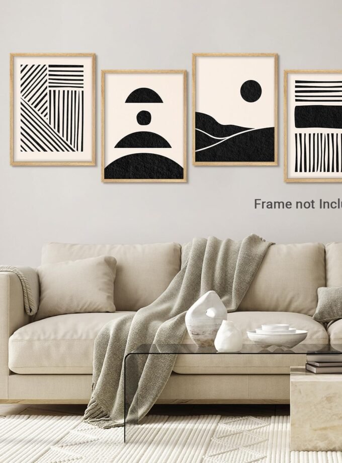Poster Set Black and White Abstract Geometric Modern Minimalist Line and Shape Illustrations Modern Art Decorative Minimalist Multicolor for Bedroom - 11"x14"x4
