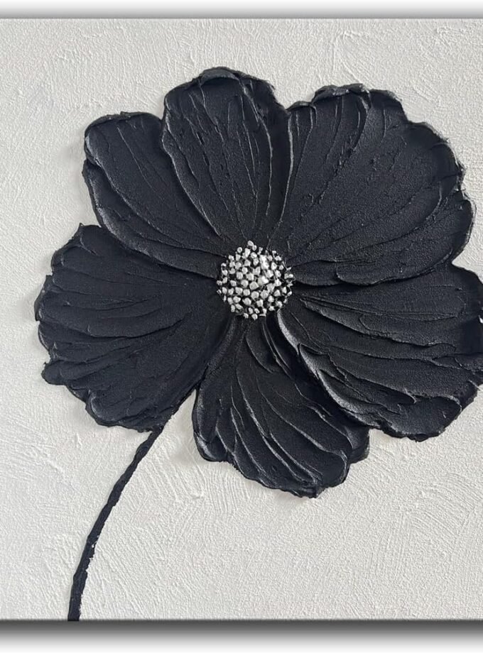 Thick Texture Flowers Abstract Oil Painting 100% Hand-Painted Black and White Wall Art Minimalist modern Abstract Art Paintings Home Living room Room Dining Room Bedroom Wall Decorative Art Oil Painting 24x24inch