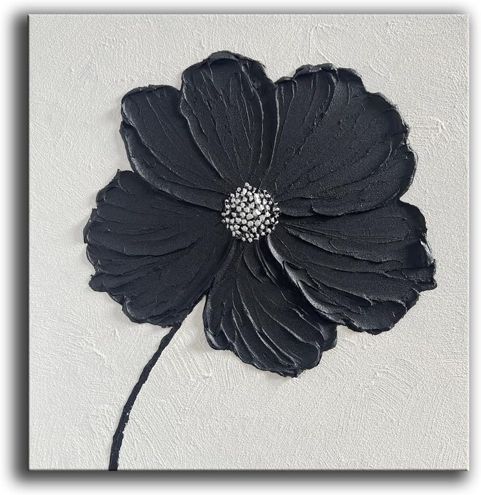 Thick Texture Flowers Abstract Oil Painting 100% Hand-Painted Black and White Wall Art Minimalist modern Abstract Art Paintings Home Living room Room Dining Room Bedroom Wall Decorative Art Oil Painting 24x24inch