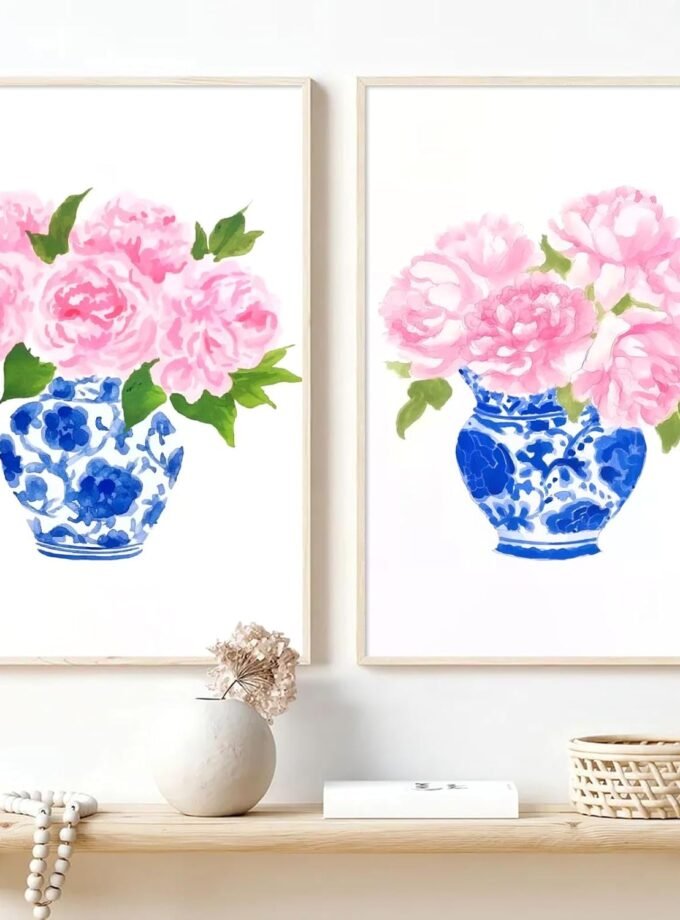 Chinoiserie Wall Art Blue and White Chinoiserie Porcelain Pictures Flower Vase Canvas Pink Floral Watercolor Art Blue and White Vase Wall Art Watercolor Peony Art Prints for Home 16x24inchx2 Frameless