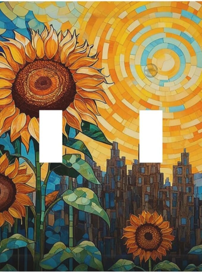 Abstract Sunflower Graffiti Floral Paint Art Flower Decorative Switch Plates 2 Gang Double Toggle Wall Plate Electrical Faceplate Outlet Light Switch Cover for Bedroom Living Room Decor