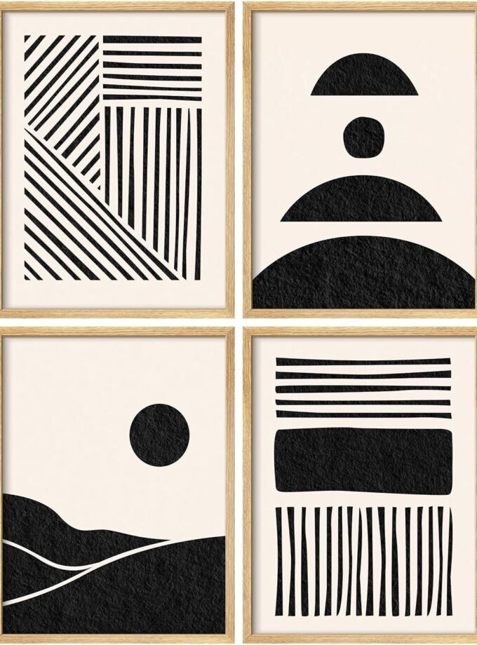 Poster Set Black and White Abstract Geometric Modern Minimalist Line and Shape Illustrations Modern Art Decorative Minimalist Multicolor for Bedroom - 11"x14"x4