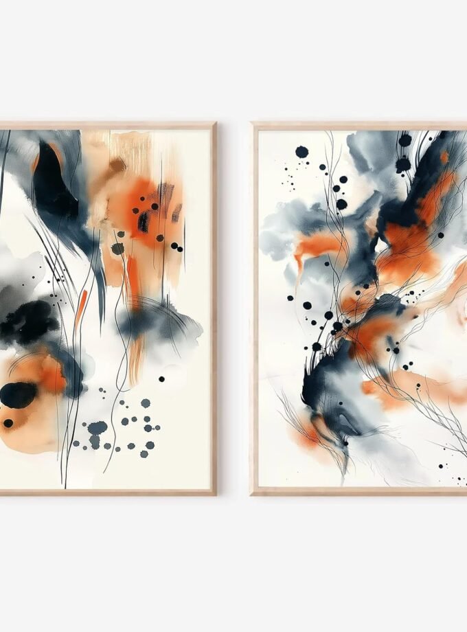 Blue and Orange Abstract Wall Art Abstract Watercolor Painting Navy Blue White and Orange Poster Colorful Abstract Painting Modern Abstract Picture Orange Blue Abstract Wall Art 16x24inchx2 No Frame