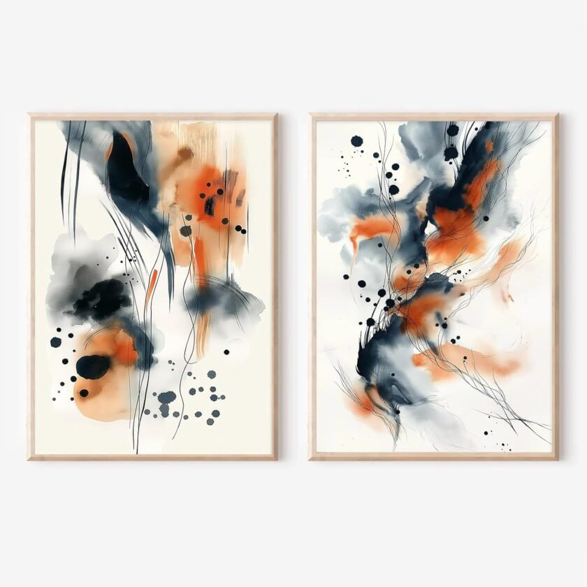 Blue and Orange Abstract Wall Art Abstract Watercolor Painting Navy Blue White and Orange Poster Colorful Abstract Painting Modern Abstract Picture Orange Blue Abstract Wall Art 16x24inchx2 No Frame