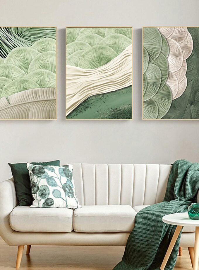 3Pcs Abstract Green Wall Art Mid Century Texture Wall Decor Posters Pictures Modern Minimalist Sage Green Ginkgo Leaf Canvas Paintings Prints for Bedroom Living Room Decoration Unframed