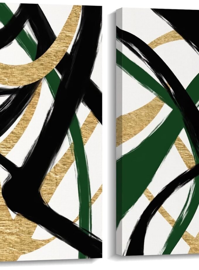 Black Gold and Green Wall Art, Abstract Stripes Canvas Poster Print, Modern Simple Geometric Wall Decor for Living Room Bedroom Office Decorative Painting Wood Frame 16" x 24" x 2