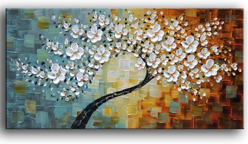 Handmade White Flower Contemporary Art Oil Painting On Canvas 3D Texture Abstract Tree Paintings Modern Home Bedroom, Dining Room, Wall Art Decor Ready to Hang20x40inch