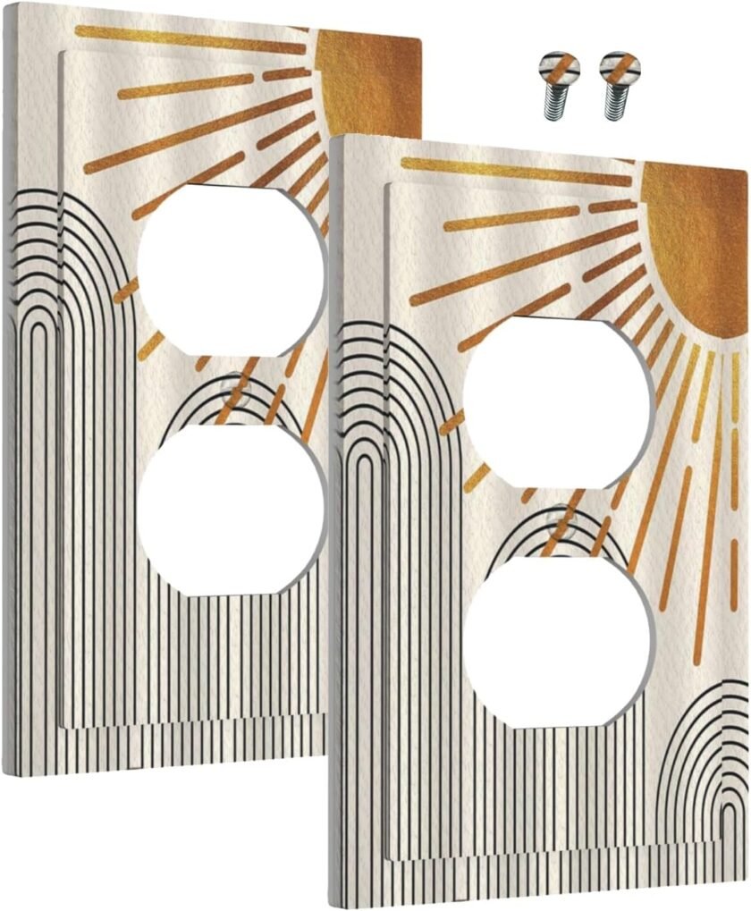 Outlet Covers Mid Century Boho Sun Beige Minimalist Abstract 1 Gang Duplex Light Switch Cover Plate Decorative Wall Plates Electrical Switchplate Receptacle for Bathroom Bedroom Decor（2 Pack）