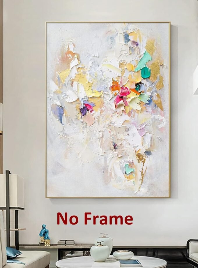 Modern Wall Art, 16x24in Frameless Abstract Painting, White Texture Art, Colorful Yellow Pink and Green, Decorative Wall Art for Living Room Bedroom