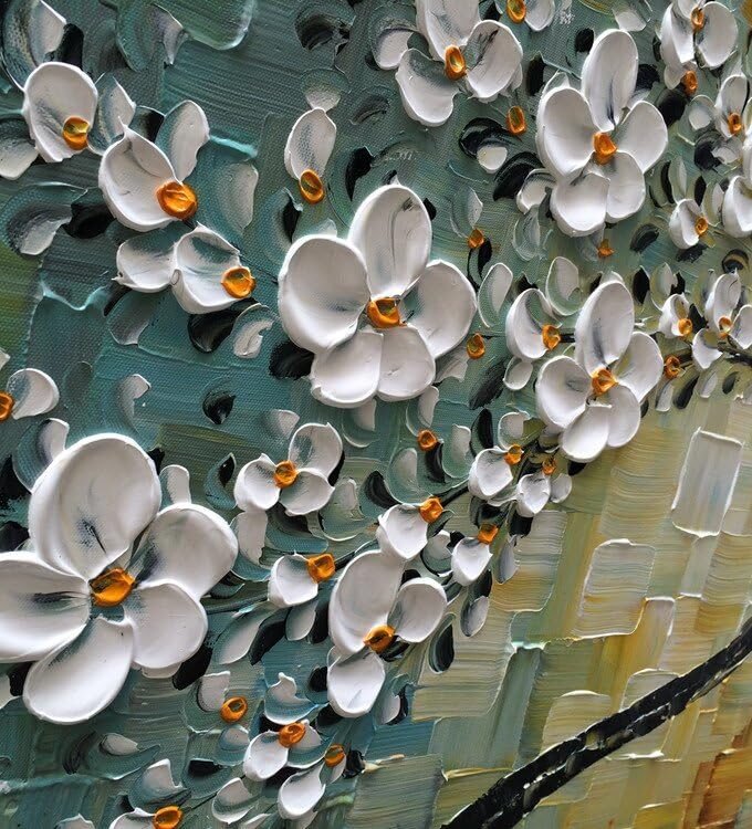 Handmade White Flower Contemporary Art Oil Painting On Canvas 3D Texture Abstract Tree Paintings Modern Home Bedroom, Dining Room, Wall Art Decor Ready to Hang20x40inch