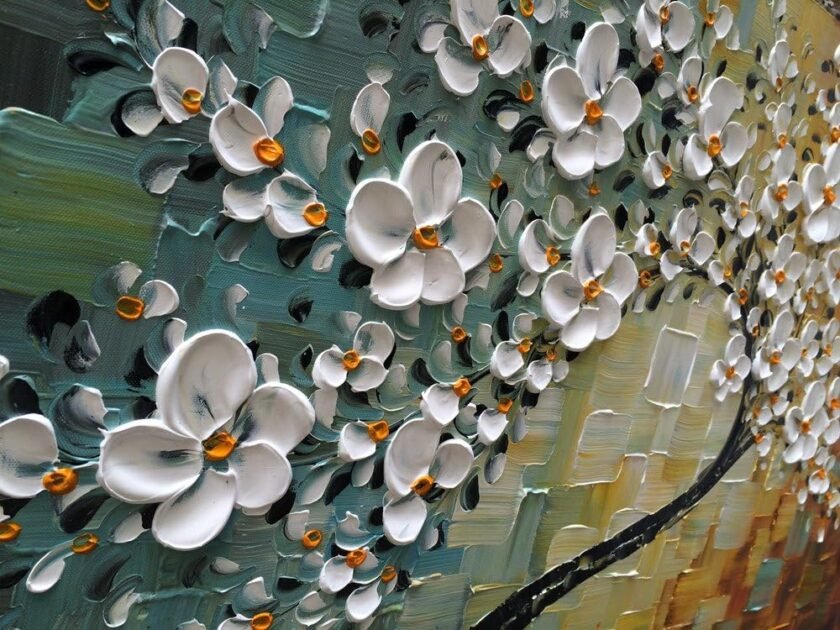 Handmade White Flower Contemporary Art Oil Painting On Canvas 3D Texture Abstract Tree Paintings Modern Home Bedroom, Dining Room, Wall Art Decor Ready to Hang20x40inch - Image 2