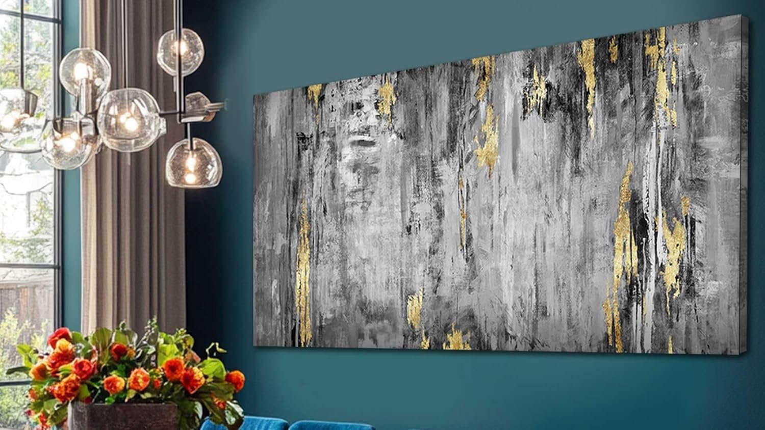 Large Abstract Canvas Wall Art Black and Grey Artwork 29"x58" Large Painting Canvas Wall Art for Living Room Wall Office Decor