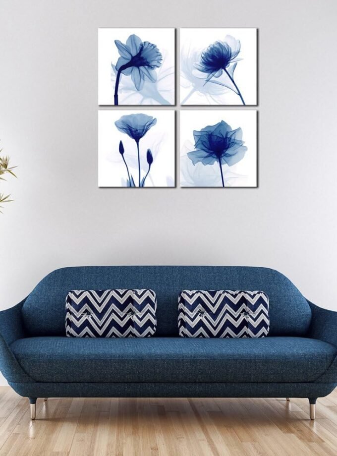 Large Blue Flickering Flower Modern Abstract Paintings Canvas Wall Art Gallery Wrapped Grace Floral Pictures on Canvas Prints 4 Panels Artwork for Living Room Bedroom Office Home Decorations