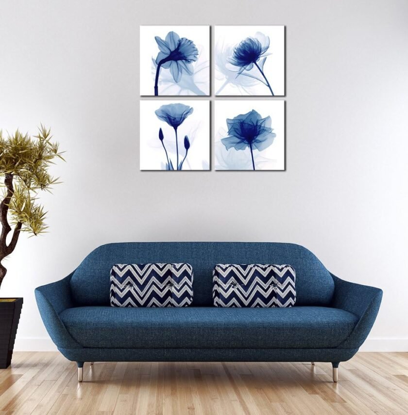 Large Blue Flickering Flower Modern Abstract Paintings Canvas Wall Art Gallery Wrapped Grace Floral Pictures on Canvas Prints 4 Panels Artwork for Living Room Bedroom Office Home Decorations - Image 2