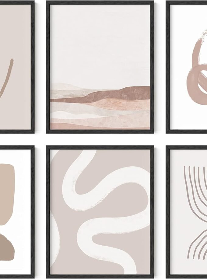 Frameable Beige Boho Art Wall Decor - Set of 6 Neutral Mid Century Modern Wall Art, Minimalist Wall Art, Neutral Wall Decor, Beige Boho Posters for Room Aesthetic (Unframed 8x10)