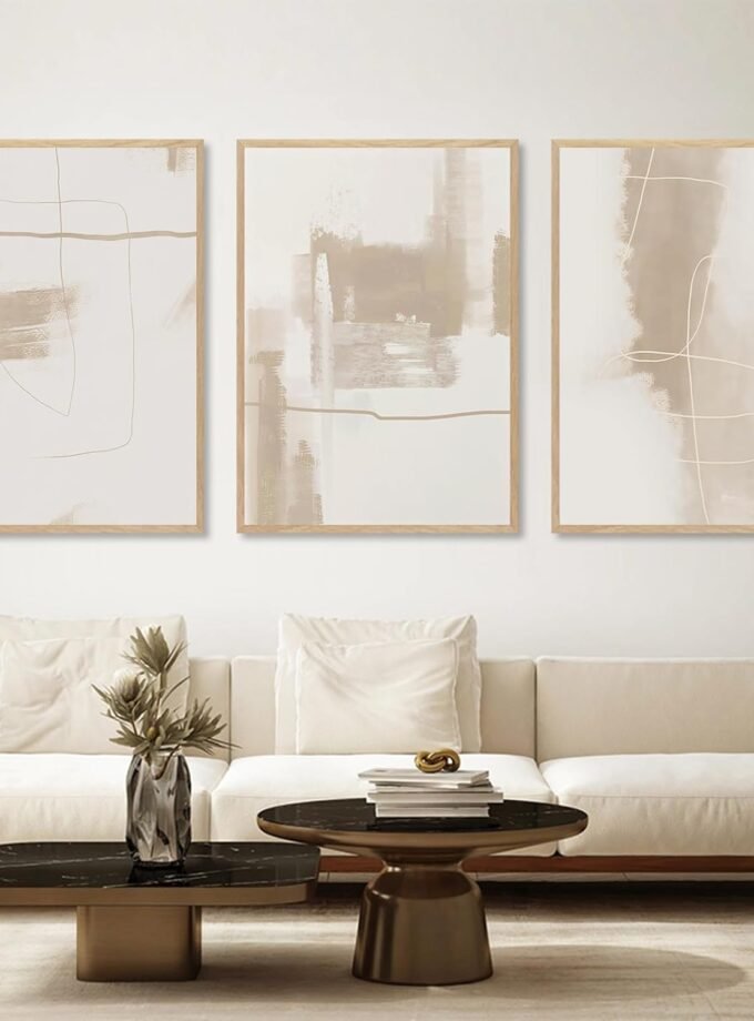 Abstract Canvas Wall Art Beige Neutral Minimalist White Brown Beige & White Painting Abstract Neutral Prints Boho Artwork Beige Abstract Pictures Beige Line Poster Boho Minimalist Canvas 16x24inchx3 No Frame