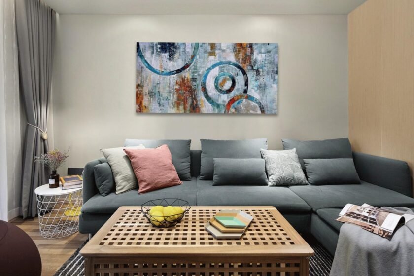 Abstract Wall Art Geometric Canvas Circle Block Painting Modern Grey Brown Picture, Large Size Simple Artwork Ready to Hang Framed for Bedroom Living Room Bathroom Home Office Wall Décor 40"x20" - Image 2