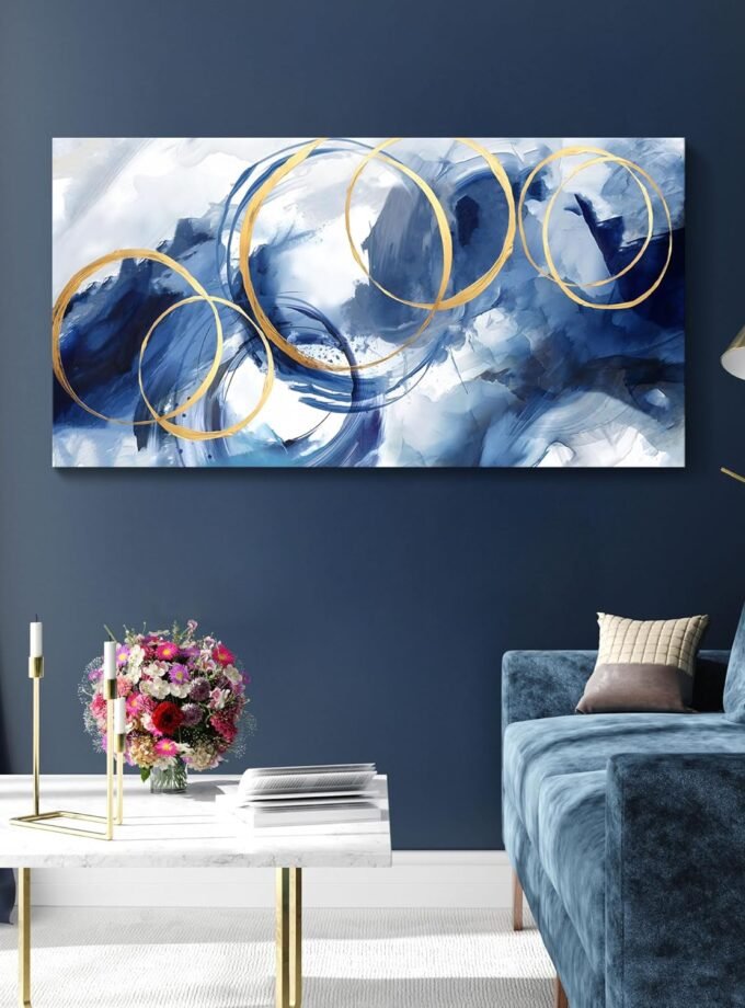 Blue Abstract Wall Art Modern Art Wall Decor Artwork For Walls Living Room Large Painting Size 20x40 Office Pictures For Wall Navy Gold Contempor Decorations For Bedroom
