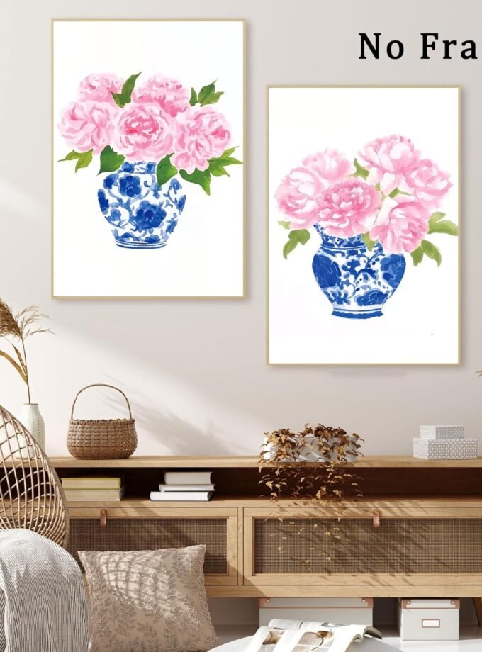 Chinoiserie Wall Art Blue and White Chinoiserie Porcelain Pictures Flower Vase Canvas Pink Floral Watercolor Art Blue and White Vase Wall Art Watercolor Peony Art Prints for Home 16x24inchx2 Frameless