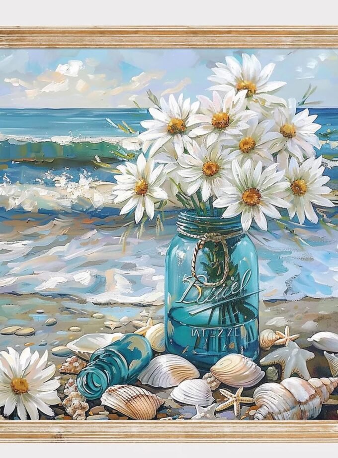 Beach Shell Wall Art Flowers In Vase Artwork daisy poster Sea Shell Art Modern Abstract Coastal Picture Seascape Painting Blue Sea Poster Abstract Seascape Prints Beach Wall Art 16x16inch No Frame