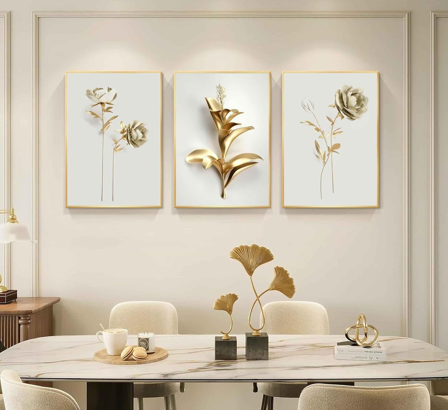 3Pcs Abstract Golden Flower Canvas Wall Art Modern Luxury Minimalism Nordic Floral Plant Painting Picture Wall Decor Poster Print Artwork for Living Room Bedroom Home Decoration Unframed - Image 2