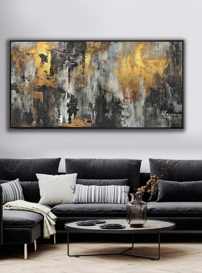 Abstract Wall Art Black Gold Gray Framed Wall Art Canvas Paintings Artwork Decor Suitable for Bedroom, Living Room, Office Pictures Wall Decor Decor Ready to Hang 20" X 40"