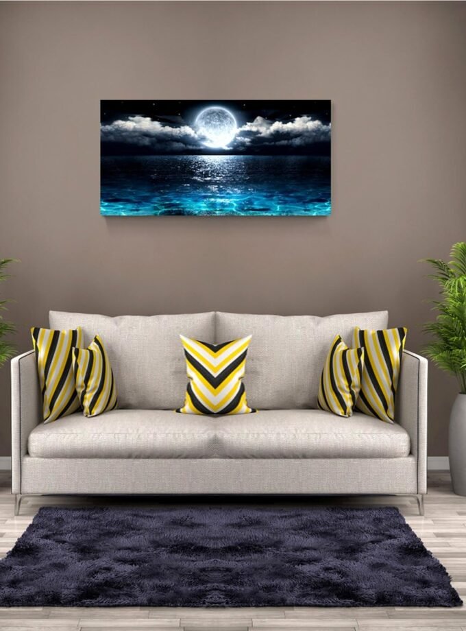 Wall Art Moon Sea Ocean Landscape Picture Canvas Wall Art Print Paintings Modern Artwork for Living Room Wall Decor and Home Décor Framed Ready to Hang,1inch Thick Frame, Waterproof Artwork.