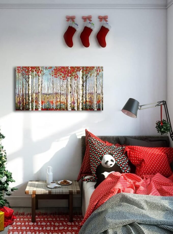 Canvas Wall Art for Living Room Bedroom Modern Wall Decor of Red Leaves White Birch Tree Forest Print Painting Artwork Wall Decoration 24x48 Large Size with Wood Framed Easy to Hang for Home