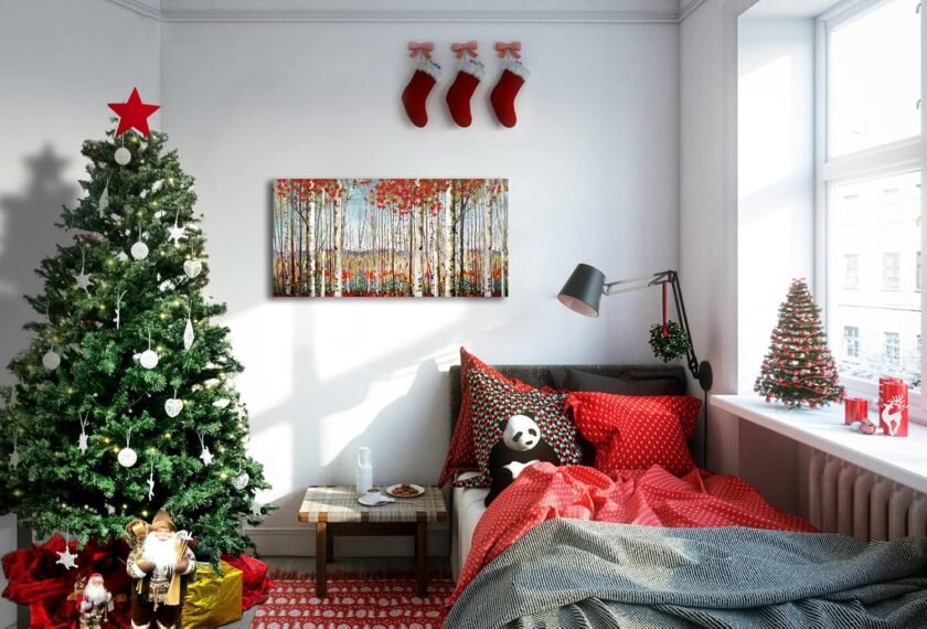 Canvas Wall Art for Living Room Bedroom Modern Wall Decor of Red Leaves White Birch Tree Forest  Print Painting Artwork Wall Decoration 24x48 Large Size with Wood Framed Easy to Hang for Home - Image 2
