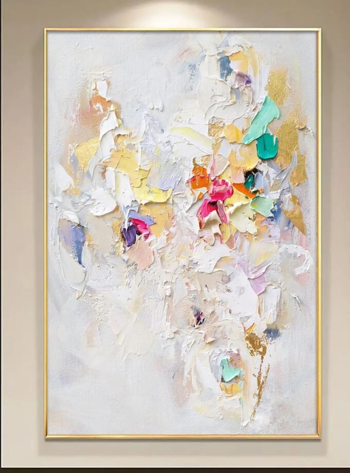 Modern Wall Art, 16x24in Frameless Abstract Painting, White Texture Art, Colorful Yellow Pink and Green, Decorative Wall Art for Living Room Bedroom