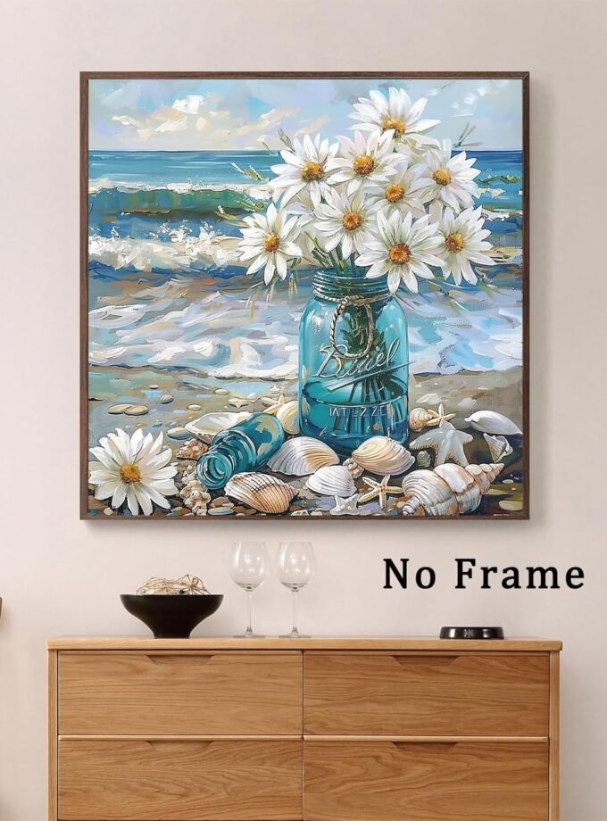 Beach Shell Wall Art Flowers In Vase Artwork daisy poster Sea Shell Art Modern Abstract Coastal Picture Seascape Painting Blue Sea Poster Abstract Seascape Prints Beach Wall Art 16x16inch No Frame