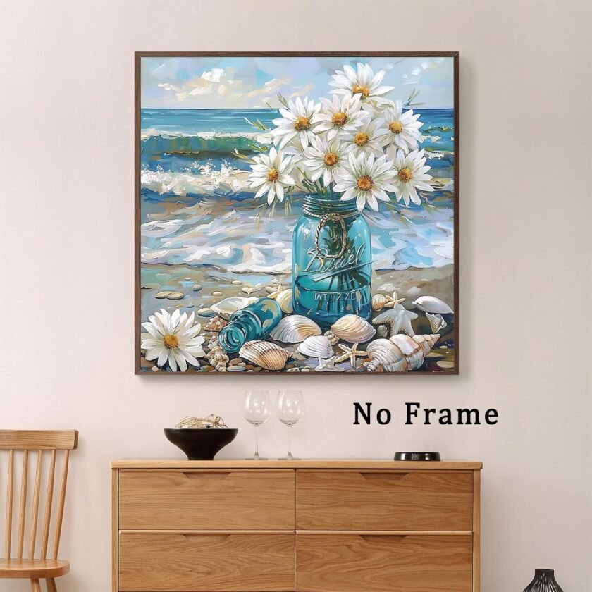 Beach Shell Wall Art Flowers In Vase Artwork daisy poster Sea Shell Art Modern Abstract Coastal Picture Seascape Painting Blue Sea Poster Abstract Seascape Prints Beach Wall Art 16x16inch No Frame - Image 2