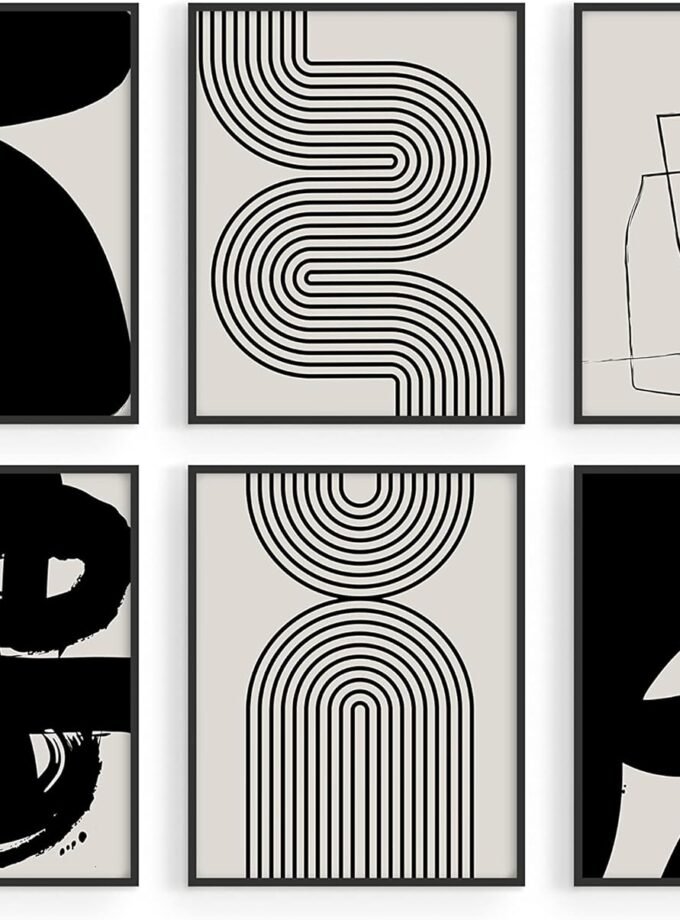 Black Abstract Painting Aesthetic - Set of 6, Modern Abstract, Black and Gray, One Line Abstract Art, Geometric Print, Minimalist wall art (8" x 10", UNFRAMED)