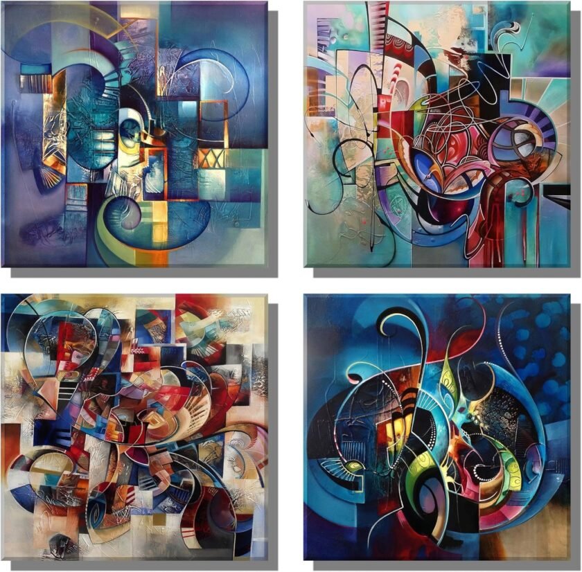 Modern abstract canvas paintings, vibrant abstract color wall decorative art, ideal for office, leisure, home hanging paintings (12"x 12"x 4pcs Framed)