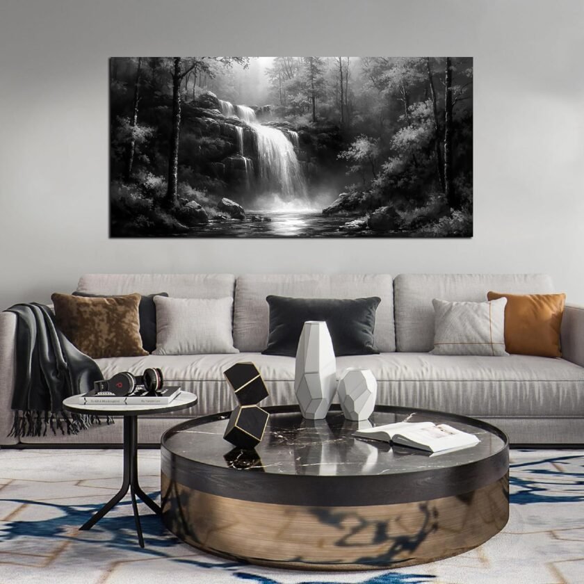 Black and White Pictures Wall Art for Bedroom Waterfall Tree Natural Landscape Wall Art for Living Room Large Size 29 x 59 Inch - Image 2